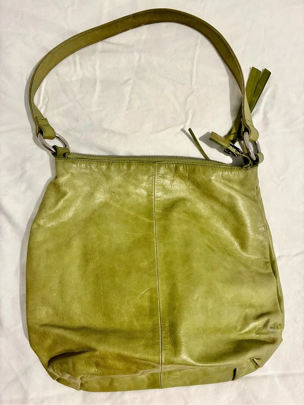 HOBO The Original Lime Green Genuine Leather Shoulder Bag Purse Tassel Zip